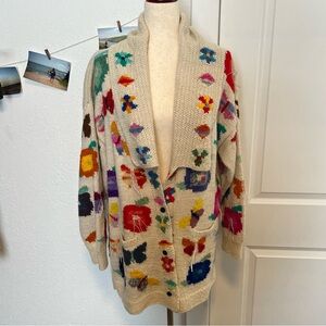 VNTG Handknit Nancy Jemio Art to Wear Garden Friends Cardigan Sweater